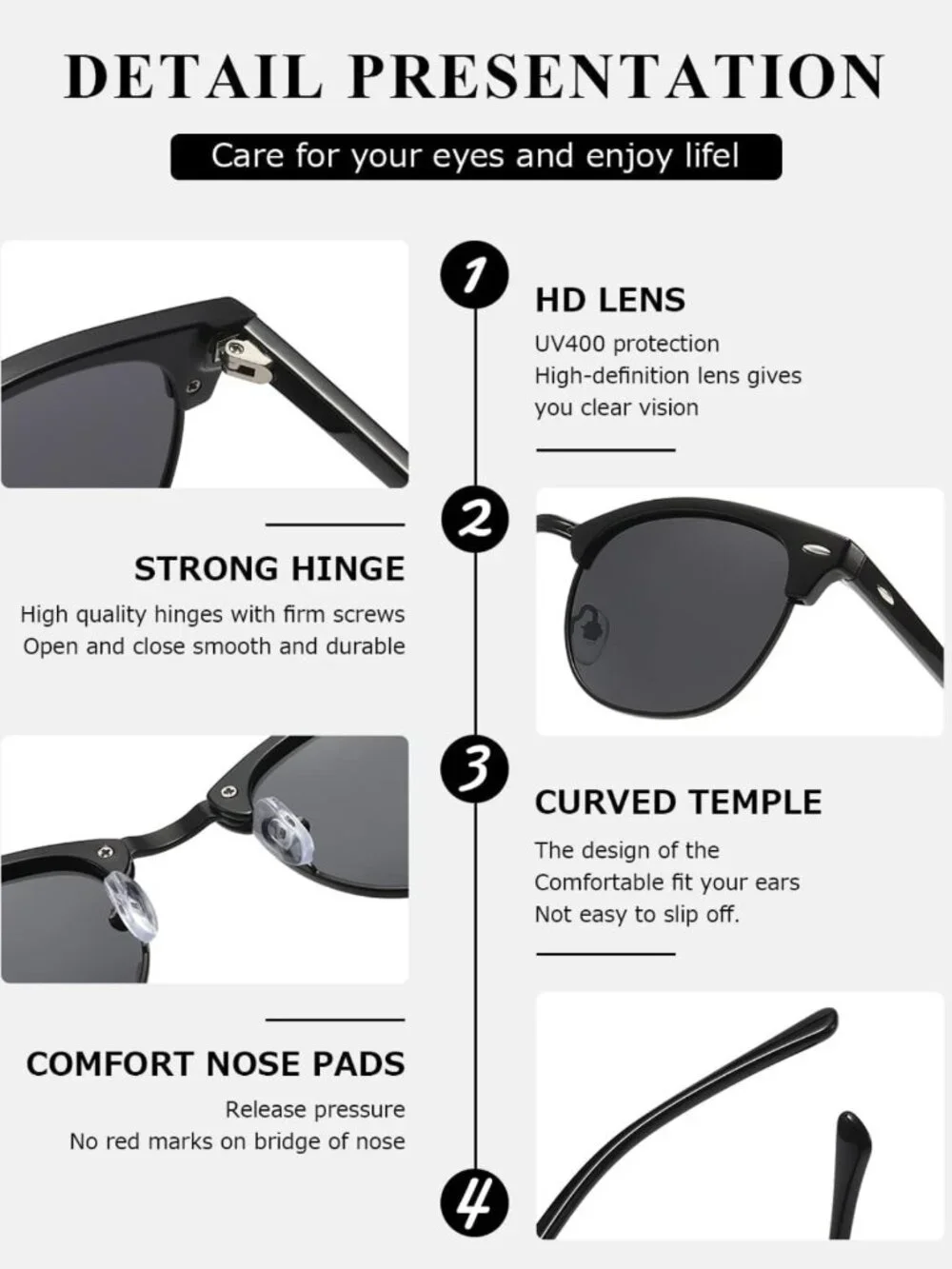 Men's Polarized Semi-Rimless Sunglasses | UV400 Retro Shades, Lightweight Frame